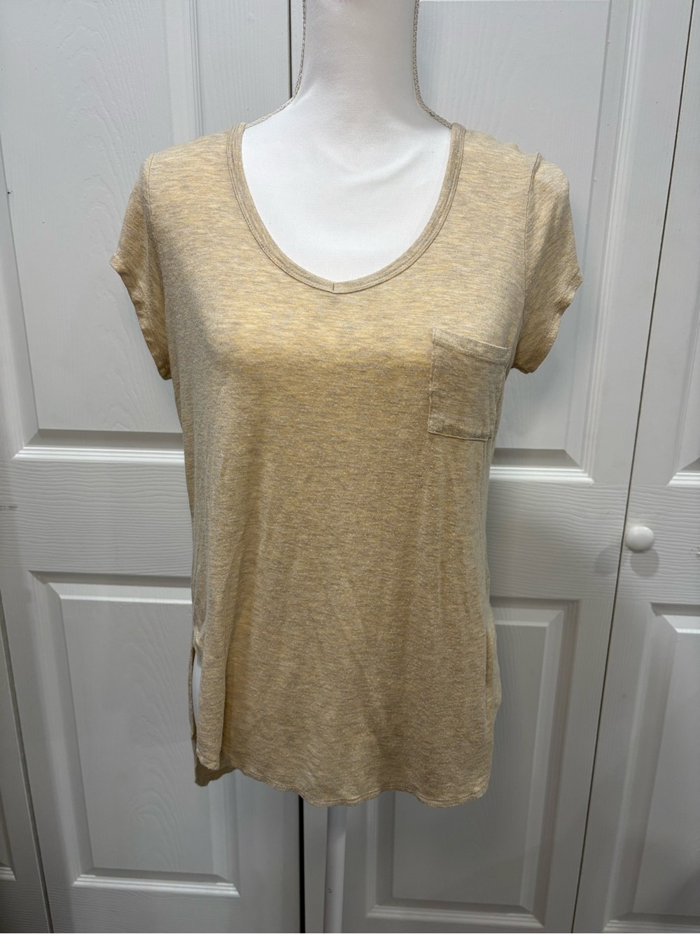 Occasion Women's Short Sleeve Scoop Neck Pocket Tee - Light Tan